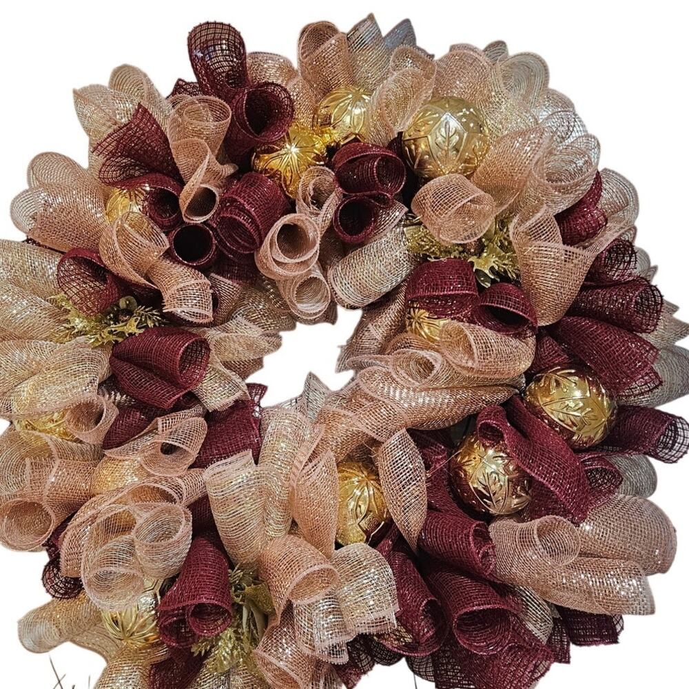 Handmade Christmas Wreath Pink & Wine Deco Mesh Gold Balls & Poinsettias 30x7